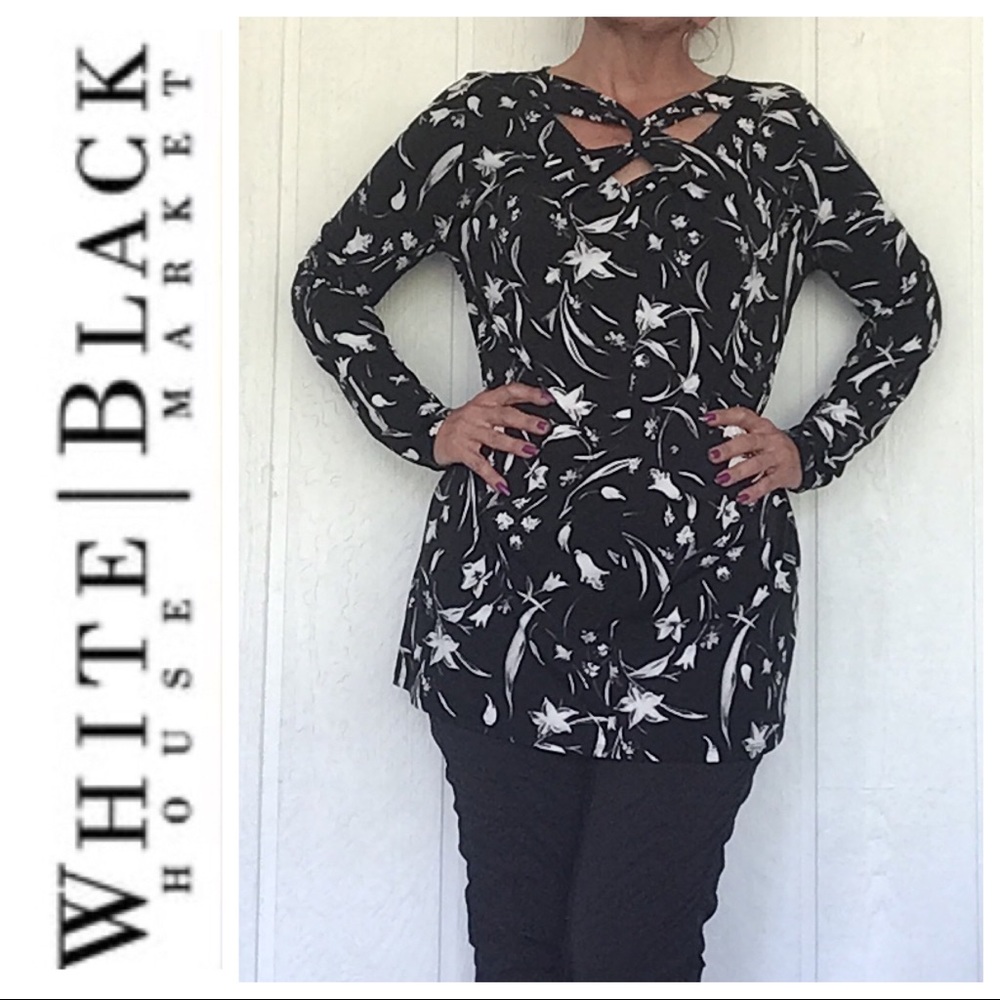 WHITE HOUSE BLACK MARKET CUT OUT TWIST NECK BLACK AND WHITE FLORAL TUNIC NWT LG